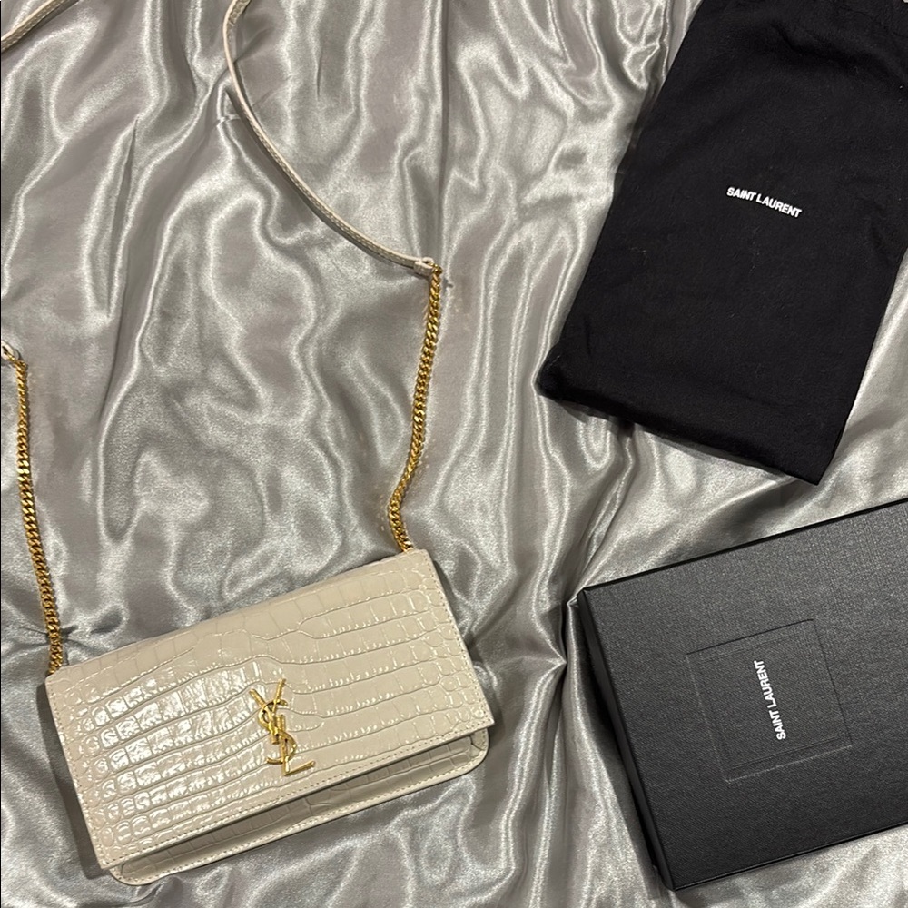 Saint Laurent Cream Croc-Embossed Chain Bag YSL